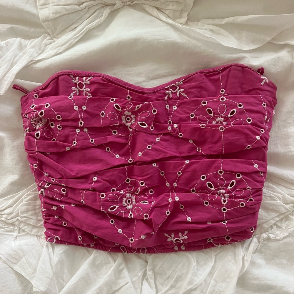Zara Fuchsia Smocked Top with White Embroidery